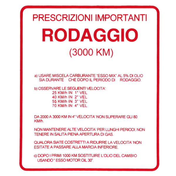 Aufkleber Einfahrvorschrift, RODAGGIO für Vespa 160 GS