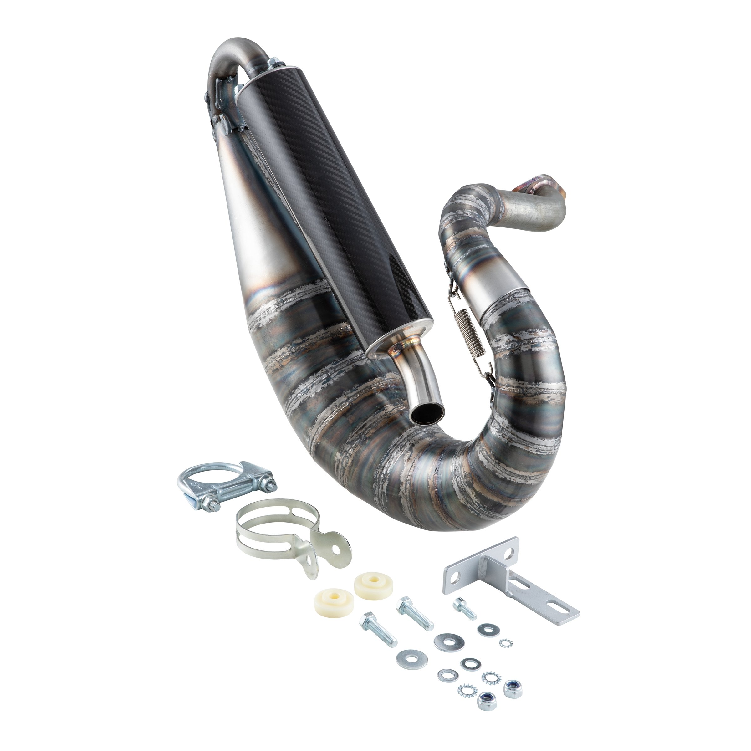 Rennauspuff JL VSP RACE, Material: Stahl klarlackiert, Dämpfer: Carbon Farbe (ESD): carbon für Vespa 90/R/SS/100/125 VMA1T