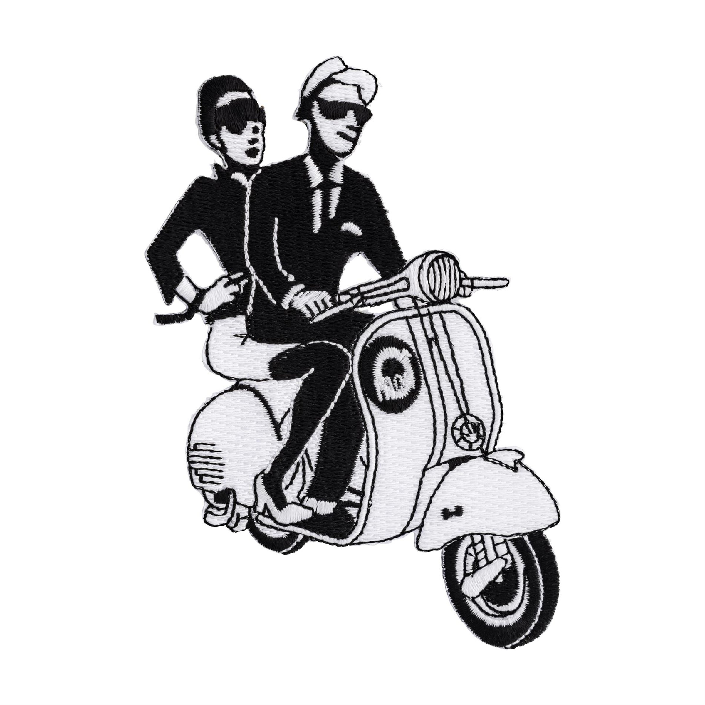 Aufnäher mit Motiv '2-Tone Mann mit Begleitung auf Vespa Motorroller' 