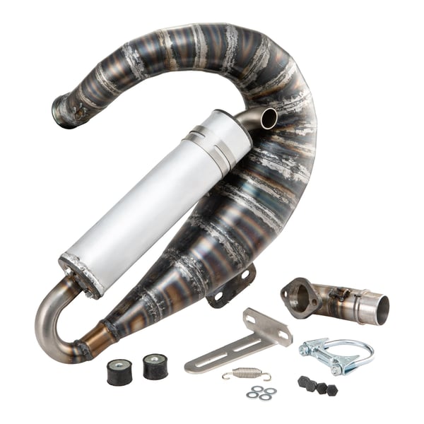 Rennauspuff EGIG Performance VRA 1,2mm für M200, Stahl klarlackiert, Dämpfer: Aluminium Farbe (ESD): silber für Vespa 90/R/SS/100/125 VMA1T