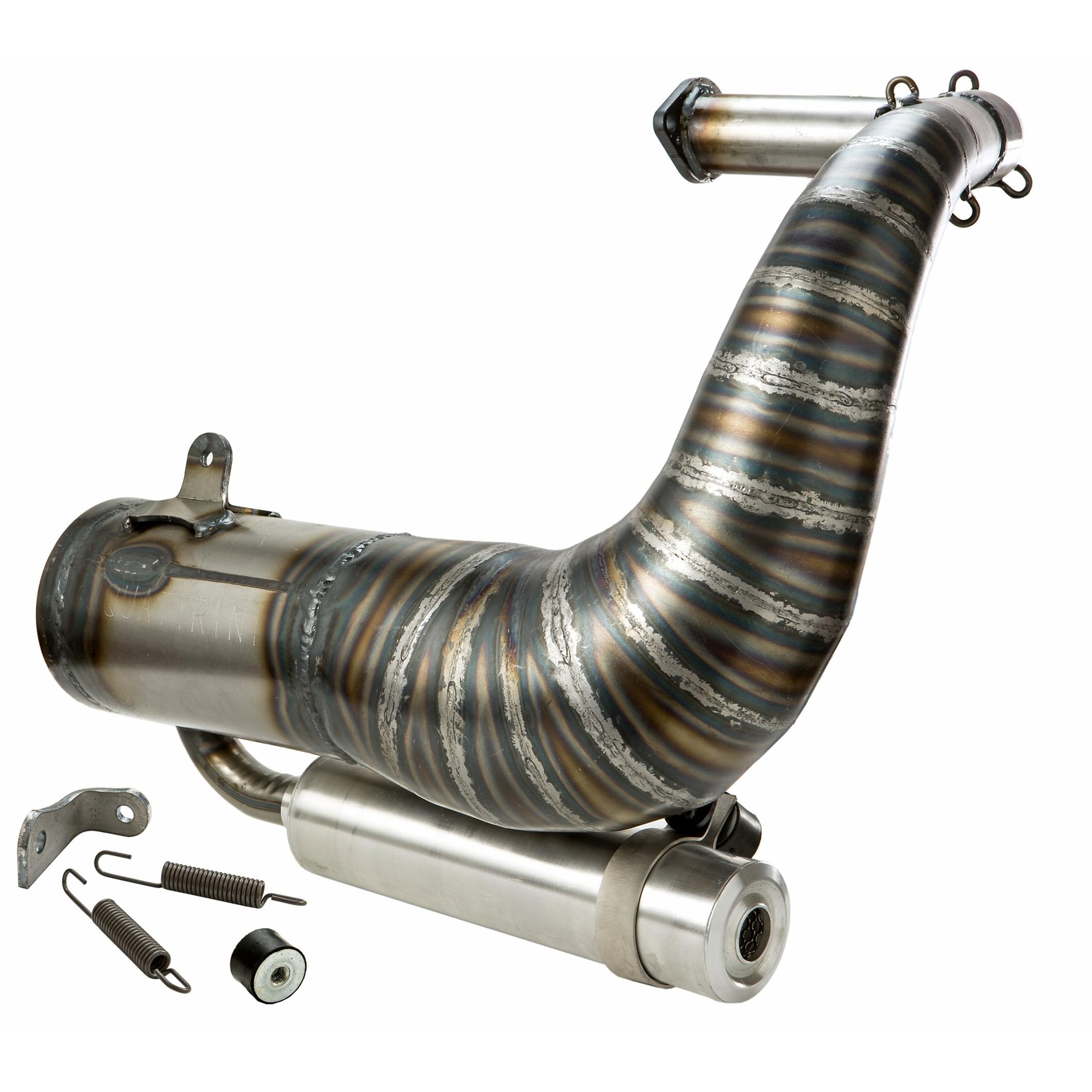 Rennauspuff QUATTRINI M3-200, Material: Stahl klarlackiert, Dämpfer: Aluminium Farbe (ESD): silber für Vespa 90/R/SS/100/125/PV/ET3