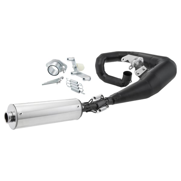 Rennauspuff JL RST, Stahl schwarz, Farbe (ESD): silber für Lambretta 125 LI/LIS/DL/GP/150 LI/LIS/SX/DL/GP/175 TV 2°-3°/200 TV/SX/DL/GP