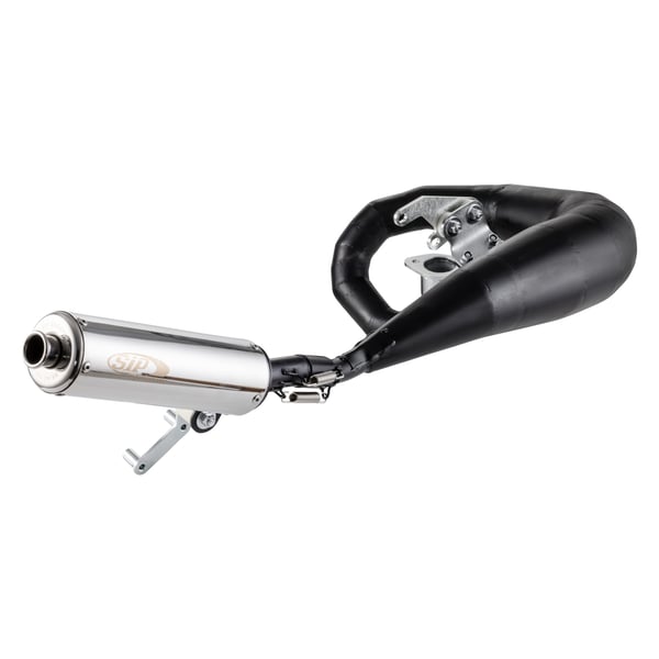 Rennauspuff JL TS1 Race, Stahl schwarz, Dämpfer: Edelstahl Farbe (ESD): silber für Lambretta 125 LI/LIS/DL/GP/150 LI/LIS/SX/DL/GP/175 TV (2°-3°)/200 TV/SX/DL/GP