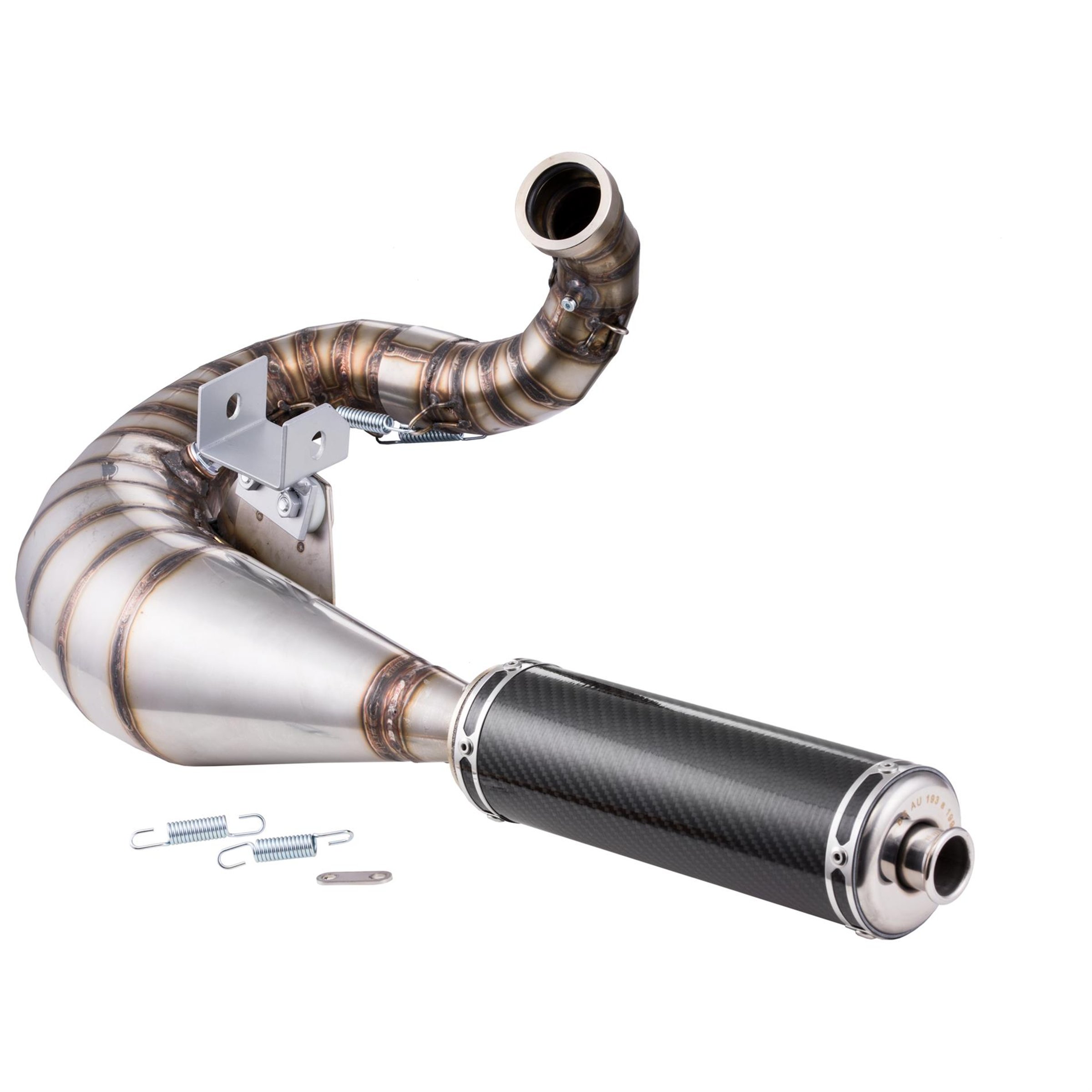 Rennauspuff SIP Performance R2 Design by NORDSPEED, Material: Edelstahl unlackiert, Dämpfer: Carbon Farbe (ESD): carbon für Vespa 200 Rally/P200E/PX200 E/Lusso/'98/MY/Cosa 1 200