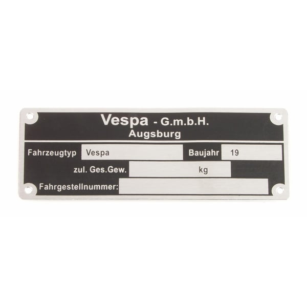 Typenschild 'Vespa GmbH Augsburg' für Vespa alle dt. Modelle '58-'61