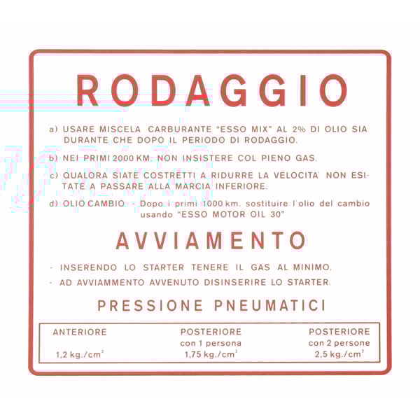 Aufkleber Einfahrvorschrift, RODAGGIO für Vespa 180-200 Rally