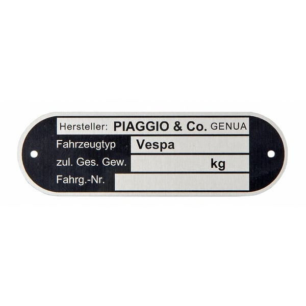 Typenschild 'PIAGGIO&CO. Genova' für Vespa alle dt. Modelle '67->/alle ital. Modelle