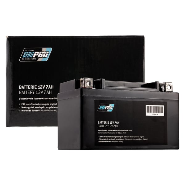 Batterie SERIE PRO 12V/7Ah, Typ:  YTX7A-BS passt für viele Scooter/Maxiscooter 50-150ccm 2T/4T AC/LC