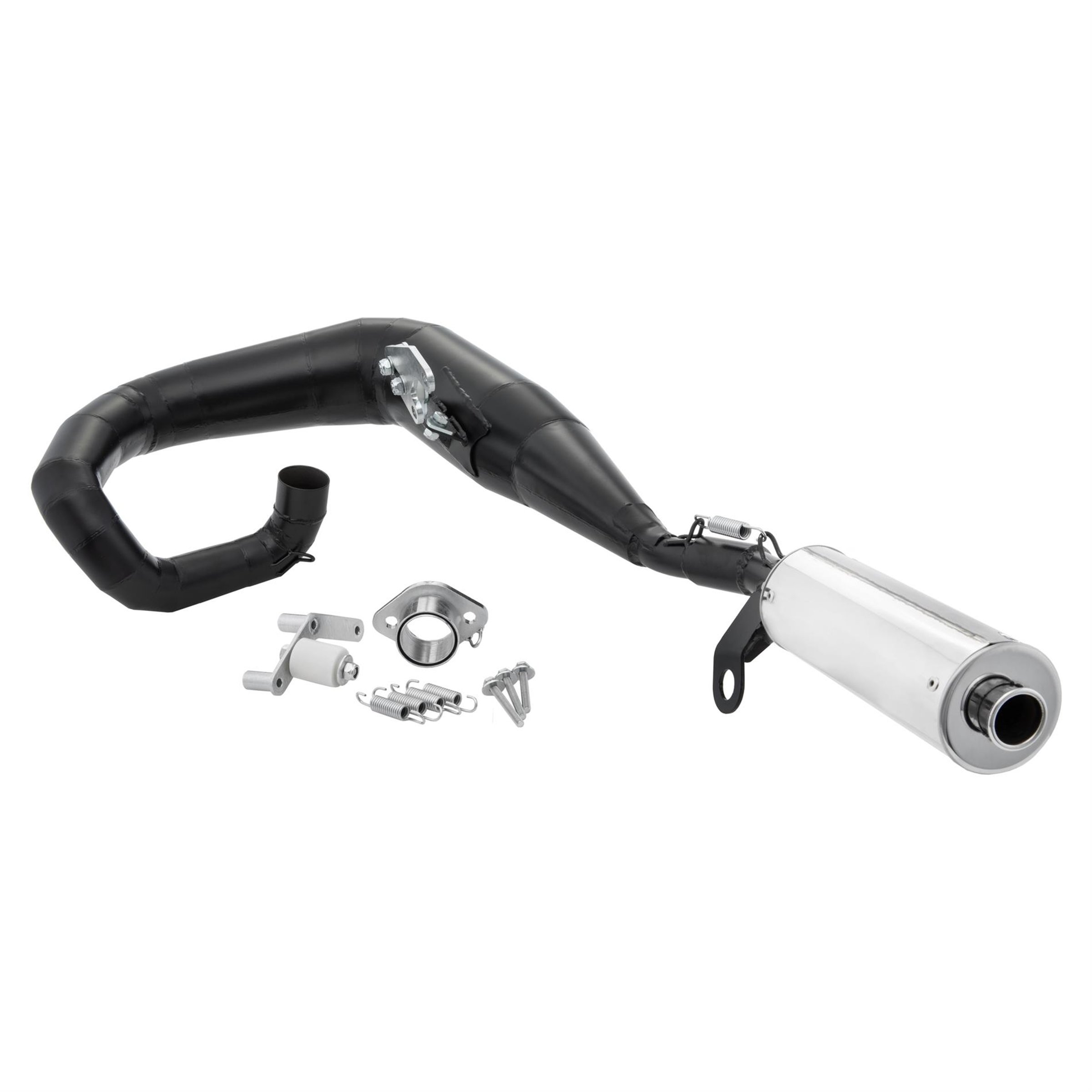 Rennauspuff JL RST, Material: Stahl schwarz, Dämpfer: Edelstahl Farbe (ESD): silber für Lambretta 125 LI/LIS/DL/GP/150 LI/LIS/SX/DL/GP/175 TV 2°-3°/200 TV/SX/DL/GP