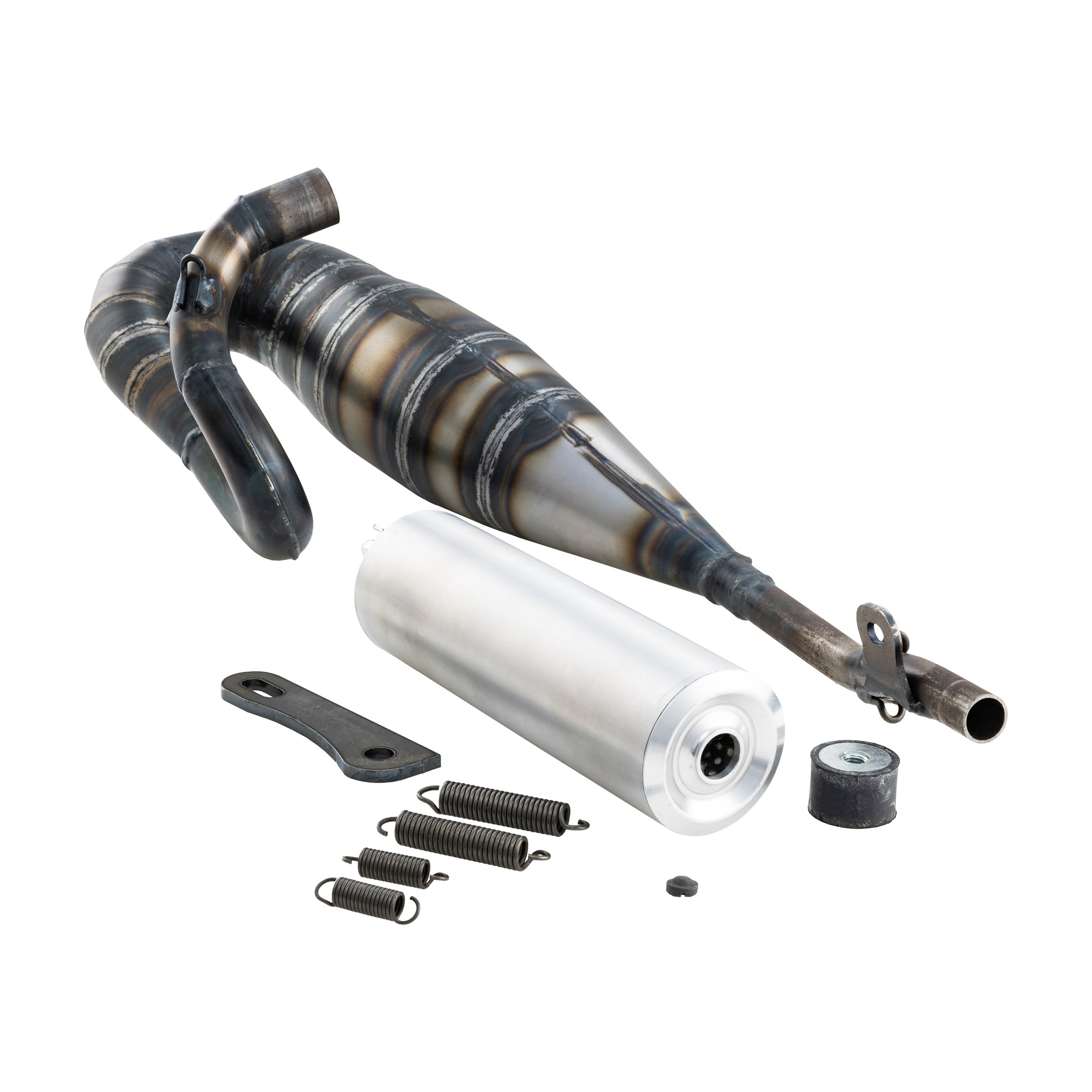 Rennauspuff QUATTRINI, Material: Stahl, Dämpfer: Aluminium Farbe (ESD): silber für PIAGGIO CIAO/PX/SC/Bravo 50ccm 2T AC