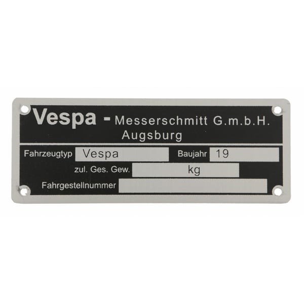 Typenschild 'Vespa-Messerschmitt GmbH Augsburg' für Vespa alle dt. Modelle '55-'57