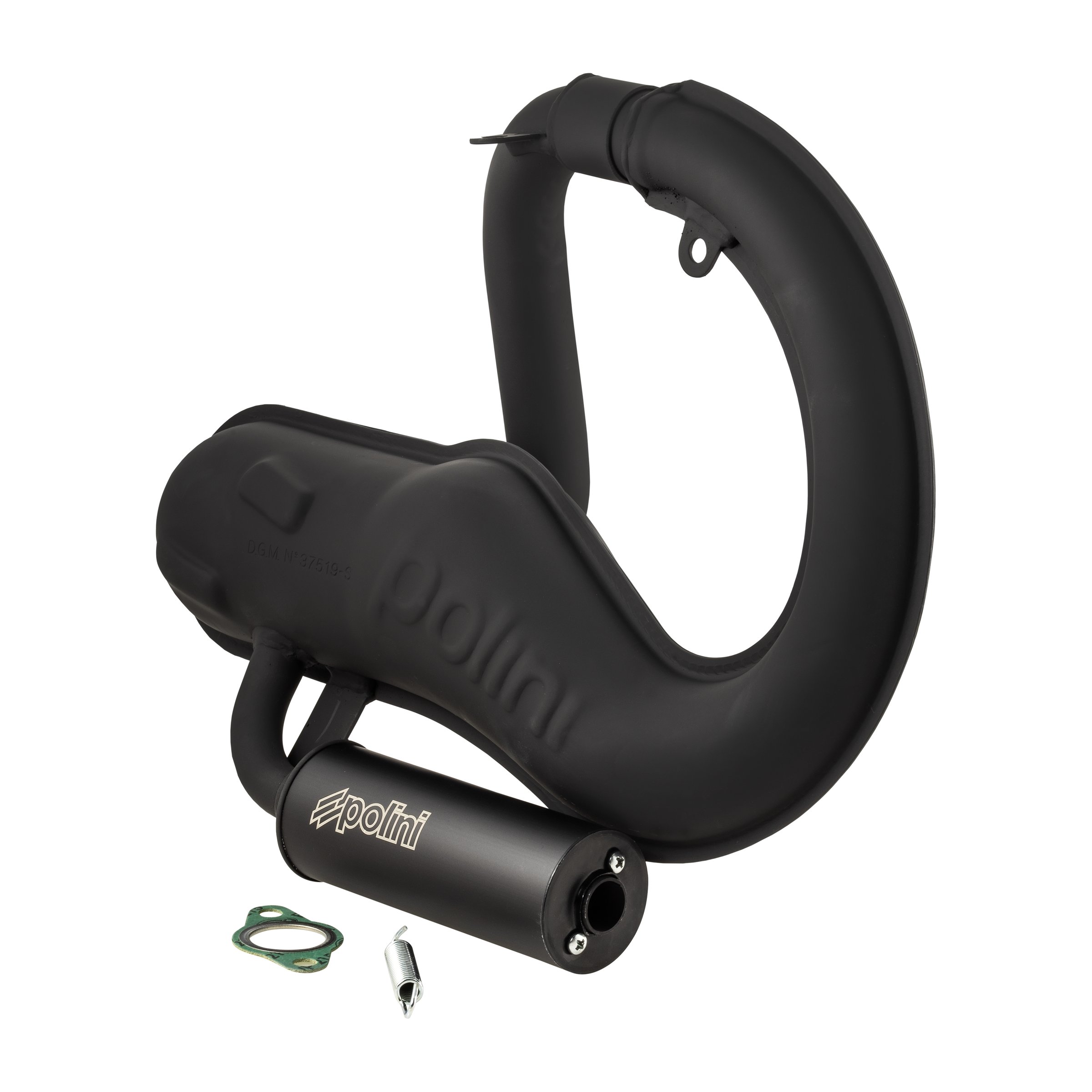 Rennauspuff POLINI Banane 200.2025/S, Material: Stahl schwarz, Dämpfer: Aluminium Farbe (ESD): schwarz für Vespa 90/R/SS/100/125/PV/ET3