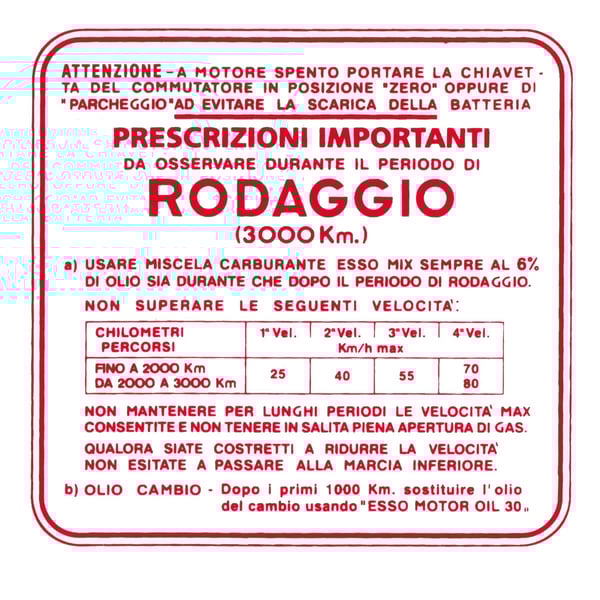 Aufkleber Einfahrvorschrift, RODAGGIO für Vespa 150 GS
