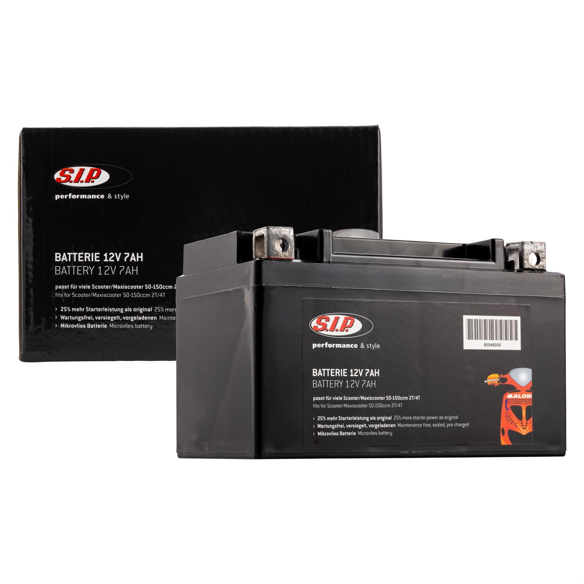 Batterie SIP 12V/7Ah, Typ: YTX7A-BS passt für viele Scooter/Maxiscooter 50-150ccm 2T/4T AC/LC
