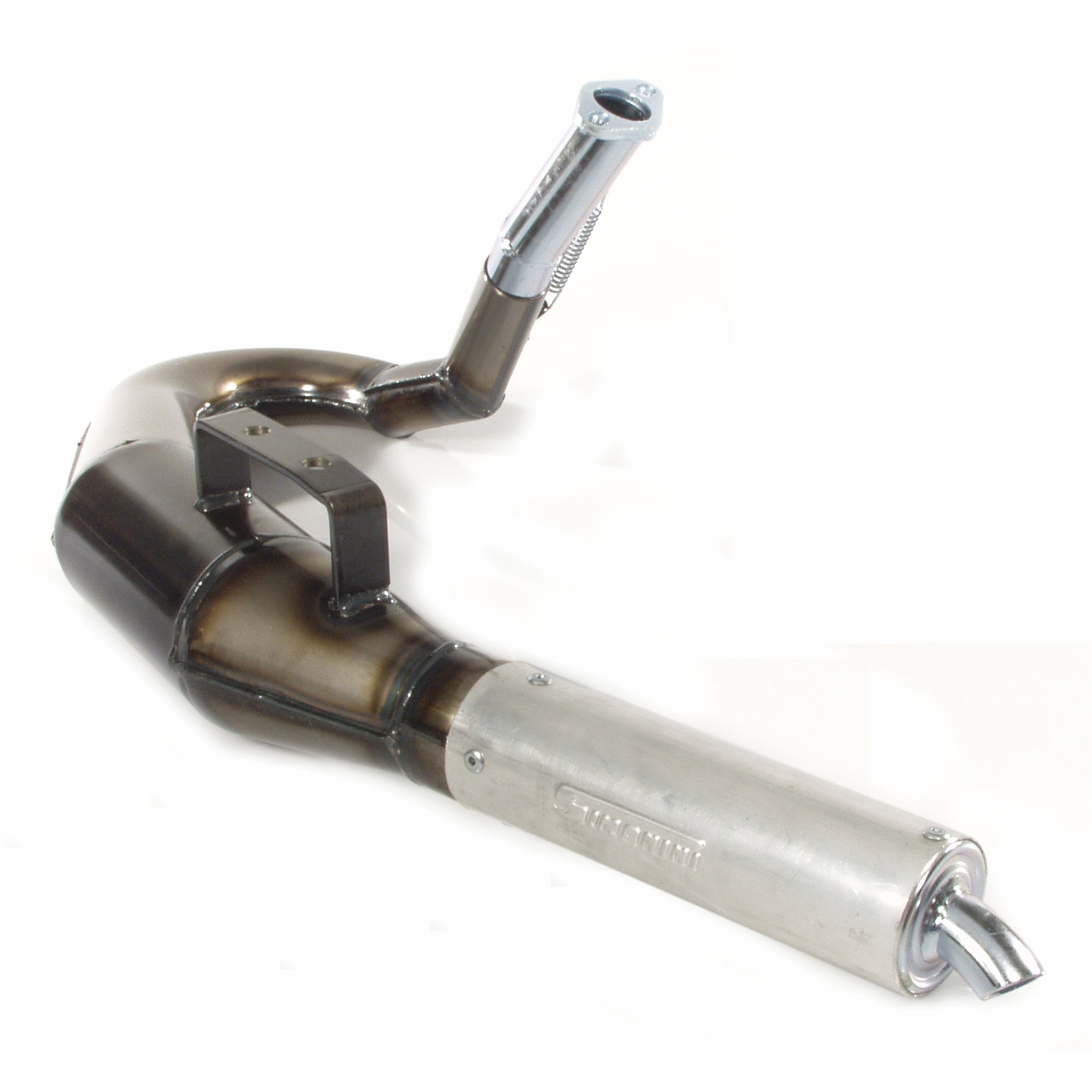Rennauspuff SIMONINI 180°, Material: Stahl klarlackiert, Dämpfer: Aluminium Farbe (ESD): silber für Vespa 90/R/SS/100/125/PV/ET3