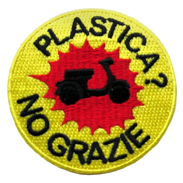 Aufnäher mit Motiv 'PLASTICA? NO GRAZIE' 