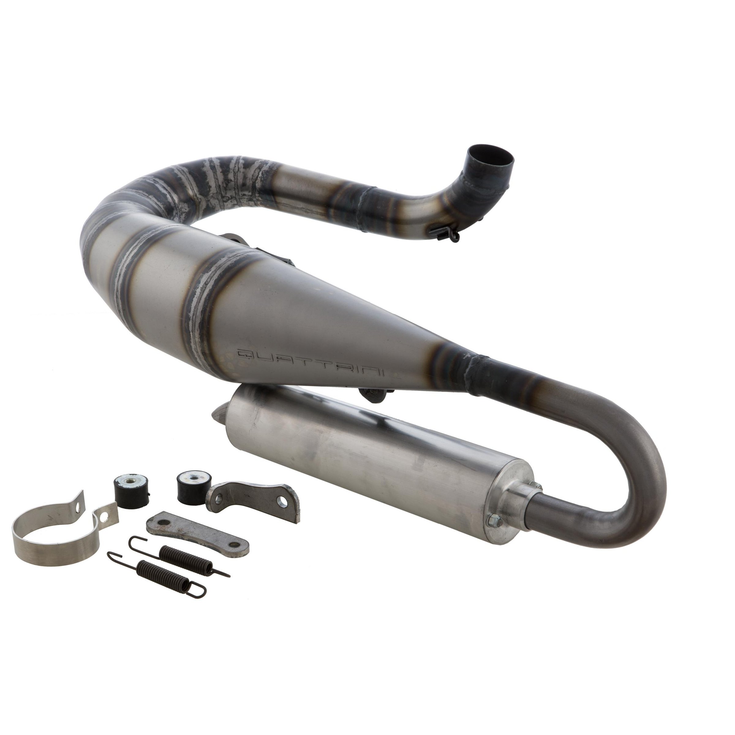 Rennauspuff QUATTRINI M3PX, Material: Stahl klarlackiert, Dämpfer: Aluminium Farbe (ESD): silber für Vespa 125 GT/GTR/TS/150 GL/Sprint/V/PX80-150/PE/Lusso/Cosa 1