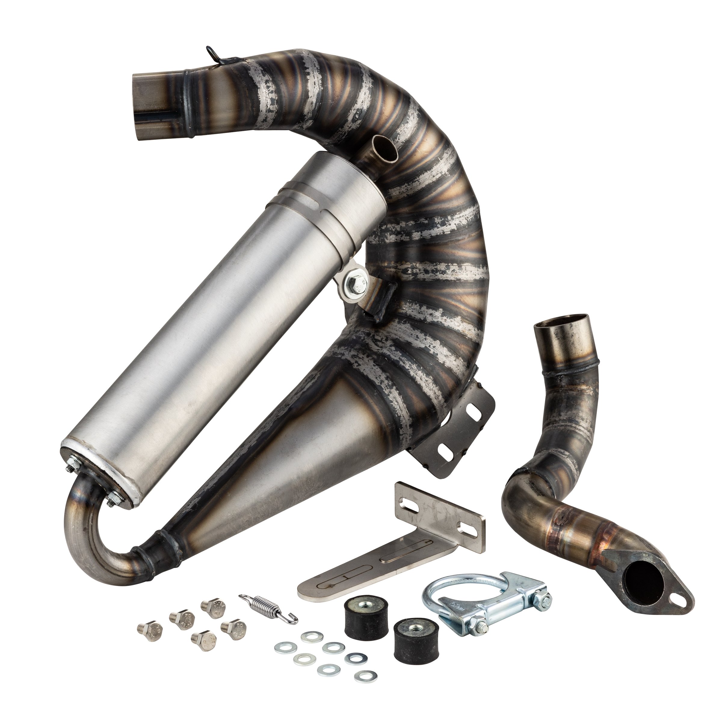 Rennauspuff EGIG Performance UNISEX CURLY, Material: Stahl unlackiert, Dämpfer: Aluminium Farbe (ESD): silber für Vespa 90/R/SS/100/125 VMA1T