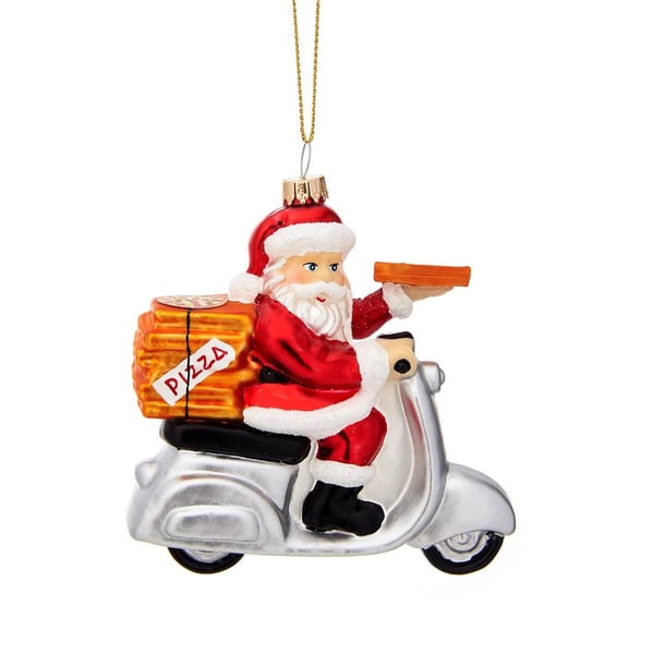 Christbaumschmuck mit Motiv Santa auf Motorroller mit Pizza 