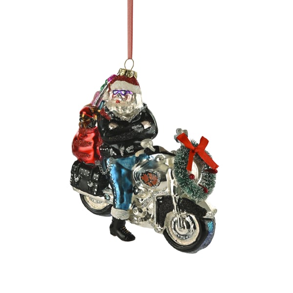 Christbaumschmuck mit Motiv Santa Rocker auf Motorrad schwarz/silber 