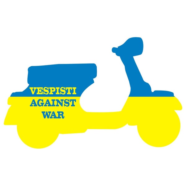 Aufkleber mit Motiv 'Vespisti against War', Vespa in Ukraine Farben 