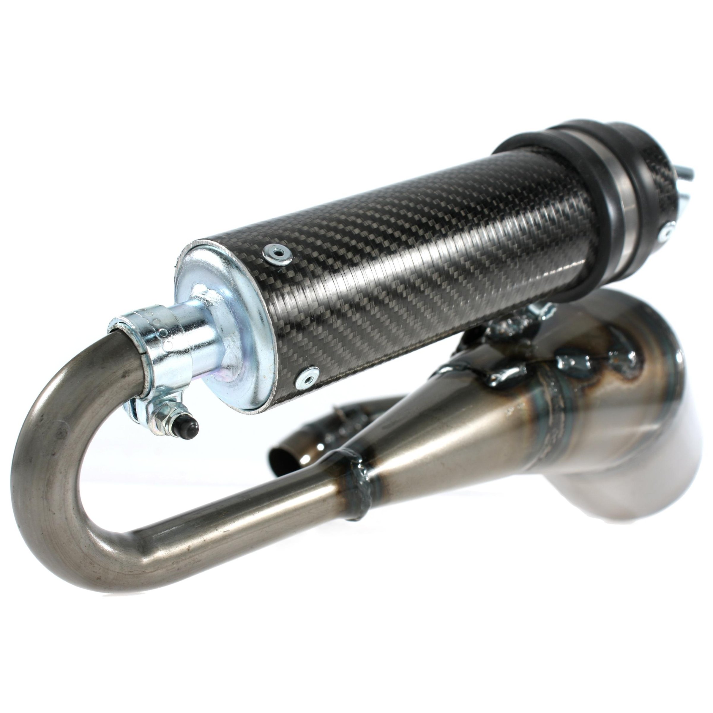 Rennauspuff SIMONINI lefthand Evo, Material: Stahl klarlackiert, Dämpfer: Carbon/Polyamid Farbe (ESD): carbon für Vespa PK80-125 S/PK100-125XL/PK125/ETS/N/XL2
