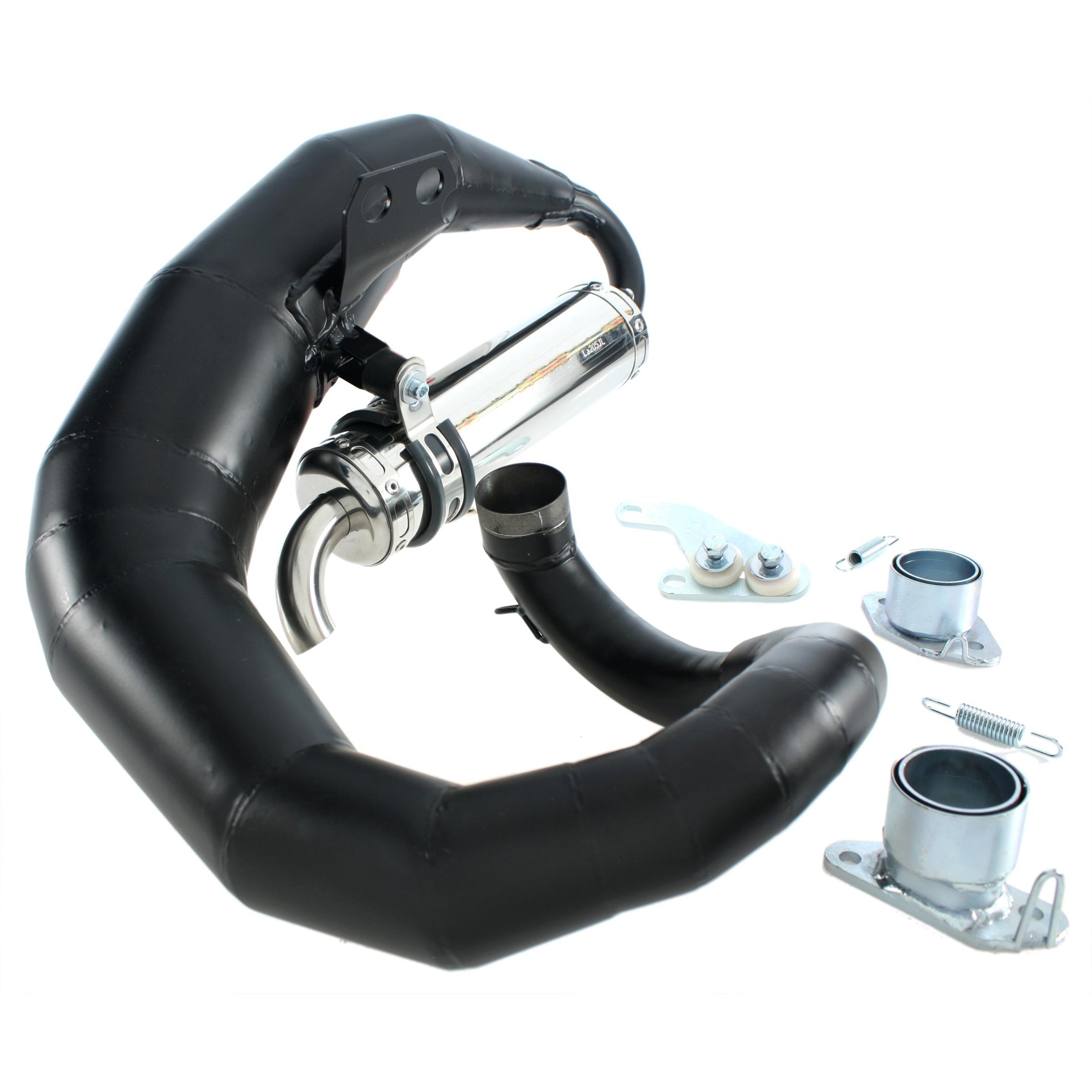 Rennauspuff JL KRP3 'Curly', Material: Stahl schwarz, Dämpfer: Edelstahl Farbe (ESD): silber für Lambretta 125 LI/LIS/DL/GP/150 LI/LIS/SX/DL/GP/175 TV 2°-3°/200 TV/SX/DL/GP