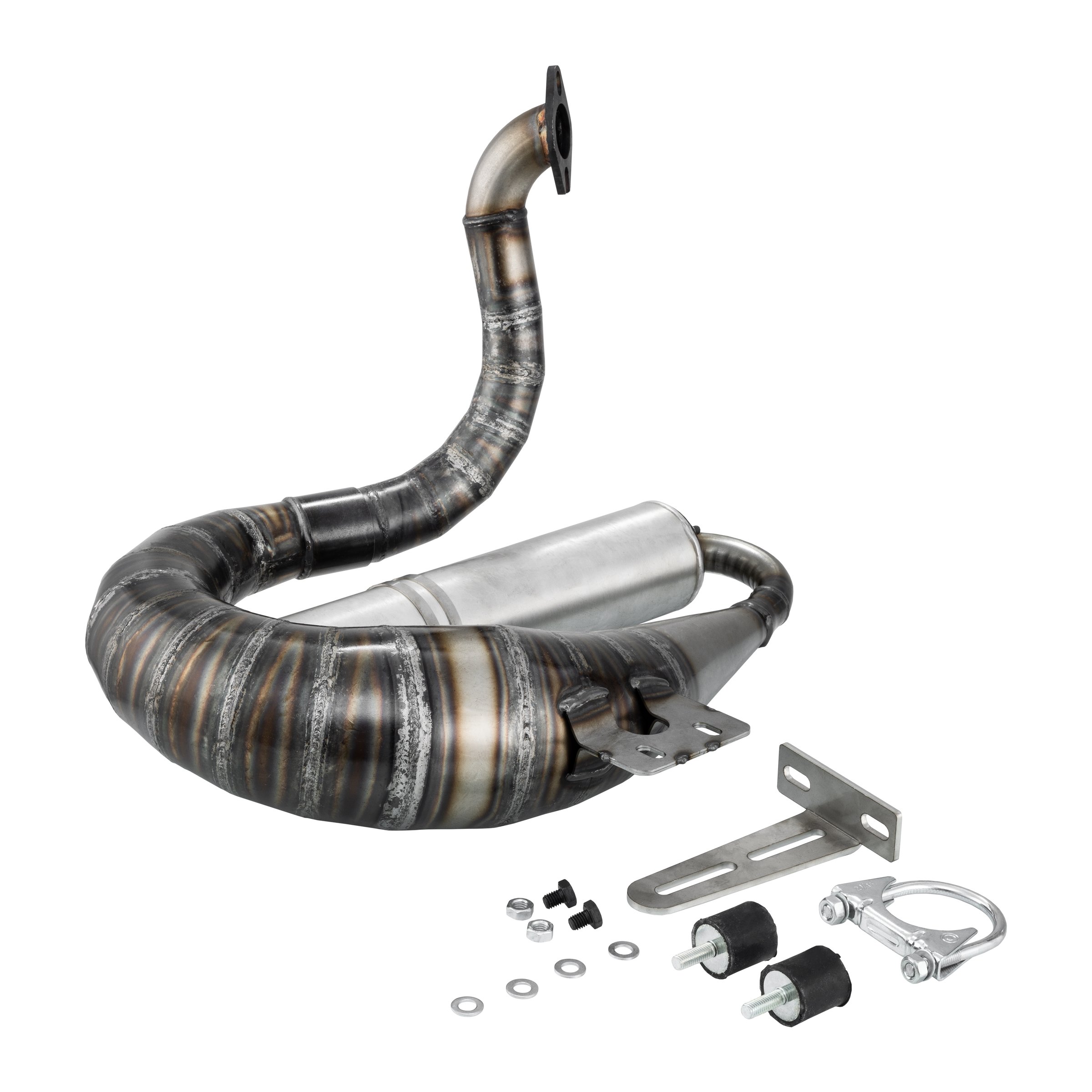 Rennauspuff EGIG Performance MAMBA S 1,5mm, Material: Stahl unlackiert, Dämpfer: Aluminium Farbe (ESD): silber für Vespa 90/R/SS/100/125 VMA1T