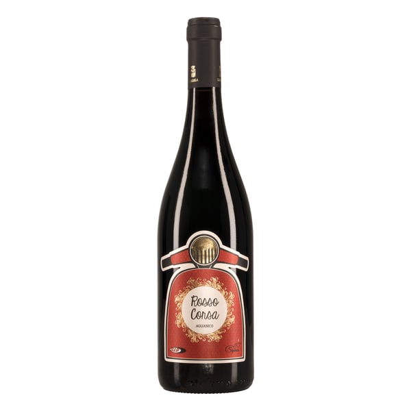 Rotwein „Rosso Corsa“, mit Motiv Vespa Motorroller Aglianico del Vulture, 2016 