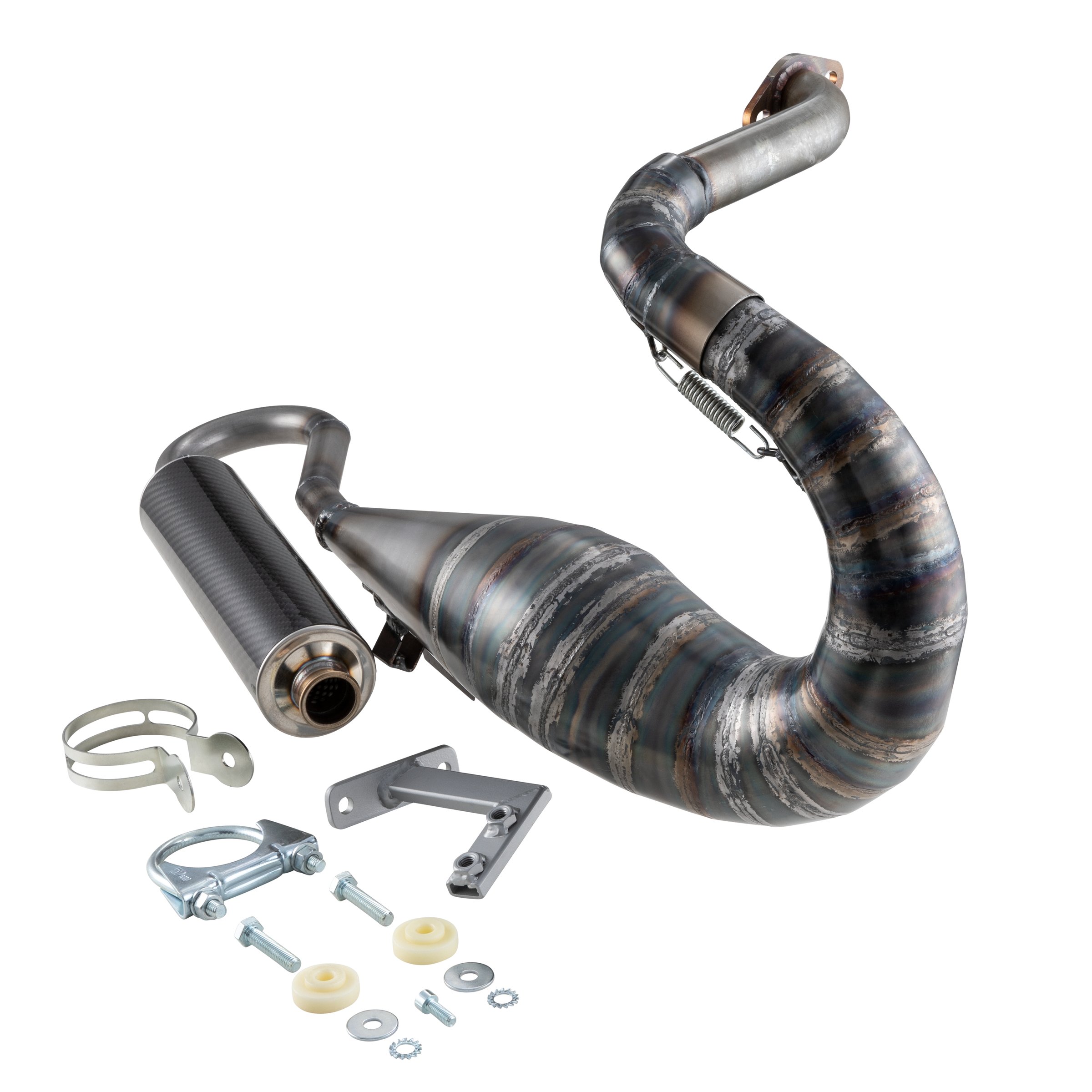 Rennauspuff JL VSP ROAD, Material: Stahl klarlackiert, Dämpfer: Carbon Farbe (ESD): carbon für Vespa 90/R/SS/100/125/PV/ET3
