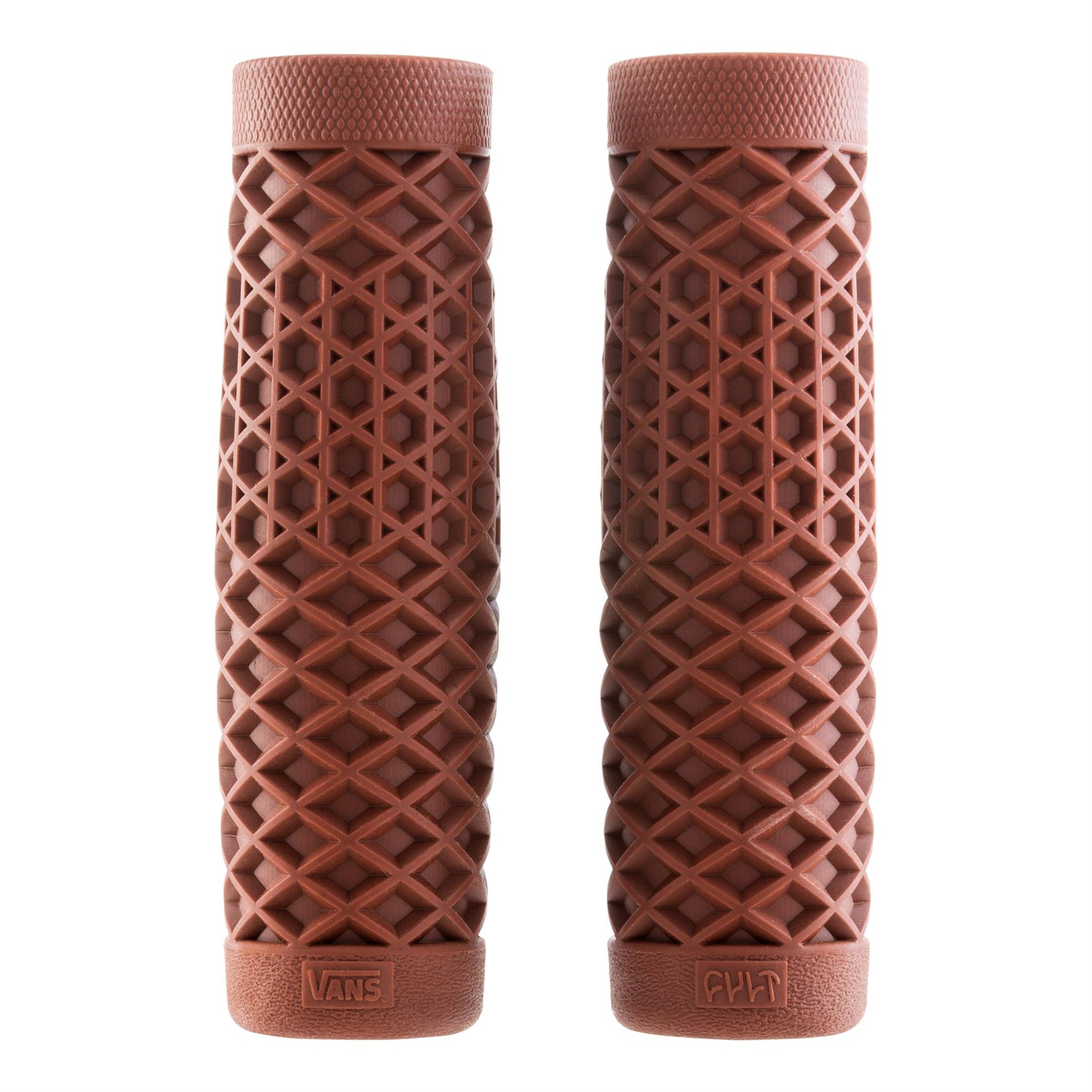 Griffe CULT VANS Waffle Ø 24/24 mm L 125 mm für Vespa 50-125 PV/ET3/125 GT/GTR/Super/TS/150 GL/Sprint/V/Super/180SS/200 Rally/PX80-200/PE Lusso'98/MY Gummi, mahagoni braun RAL 8016, für Lenkerrohre Ø 24/24mm, L 125 mm, ohne Lenkerenden-Öffnung, und Note 1