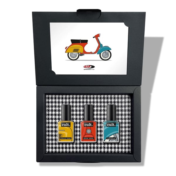 Nagellack-Set Vespa Farben blau, turchese 240/gelb, giallo texas 935/rot, rosso corsa 806 
