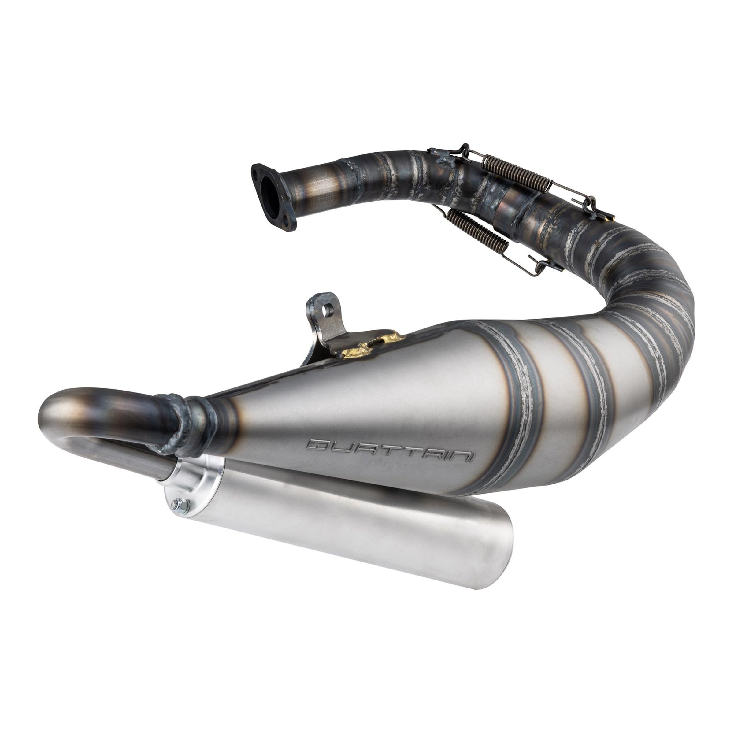 Rennauspuff QUATTRINI M1L, Material: Stahl klarlackiert, Dämpfer: Aluminium Farbe (ESD): silber für Vespa 90/R/SS/100/125/PV/ET3