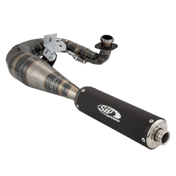 Rennauspuff SIP PERFORMANCE MUSTANG Design by NORDSPEED, Stahl klarlackiert, Dämpfer: Aluminium Farbe (ESD): schwarz matt für Vespa T5