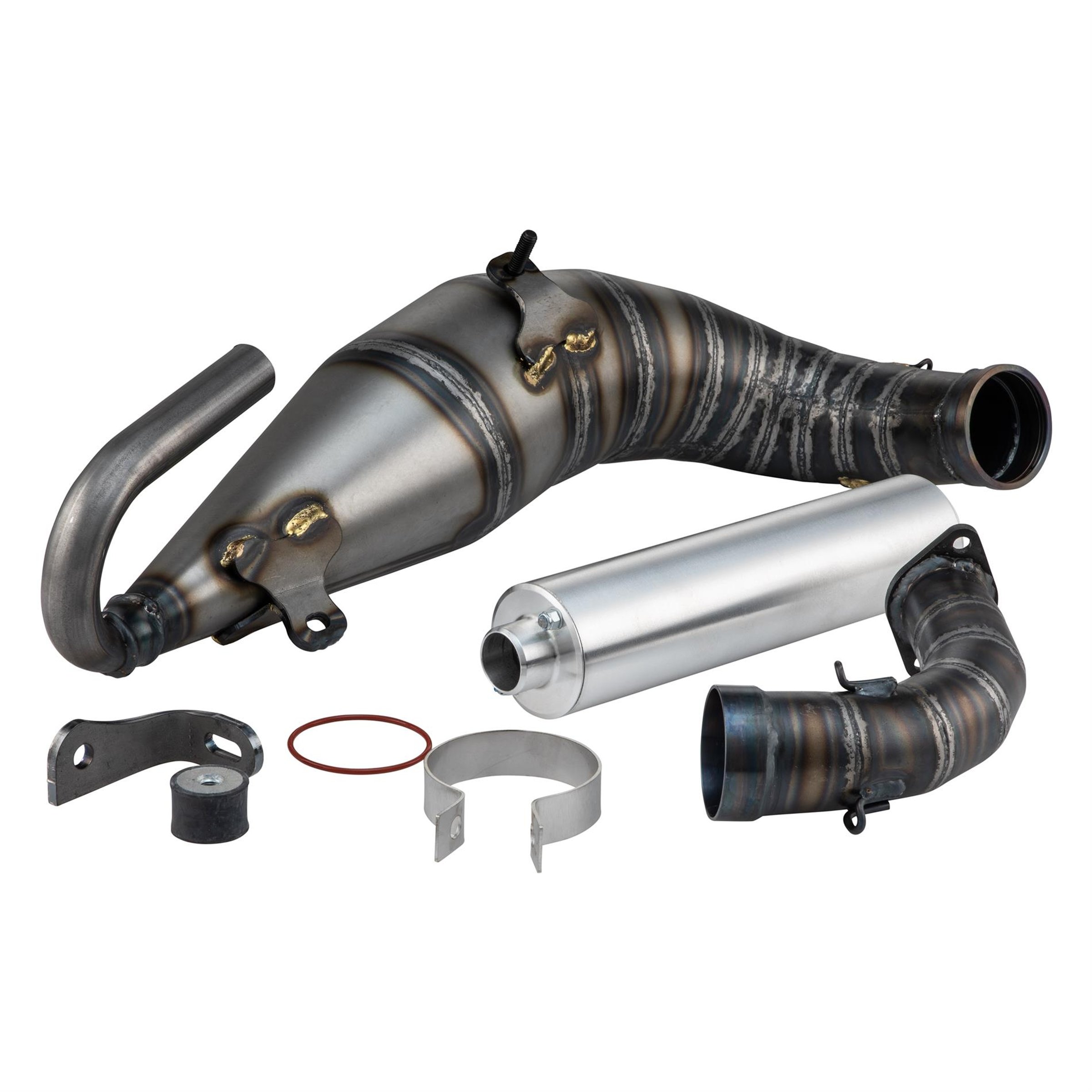 Rennauspuff QUATTRINI M3-150-S, Material: Stahl klarlackiert, Dämpfer: Aluminium Farbe (ESD): silber für Vespa 90/R/SS/100/125/PV/ET3