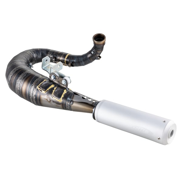 Rennauspuff SIP Performance Mustang 2.1 Silent Design by NORDSPEED, Stahl klarlackiert, Dämpfer: Aluminium Farbe (ESD): silber für Vespa 200 Rally/P200E/PX200 E/Lusso/'98/MY/Cosa 1 200