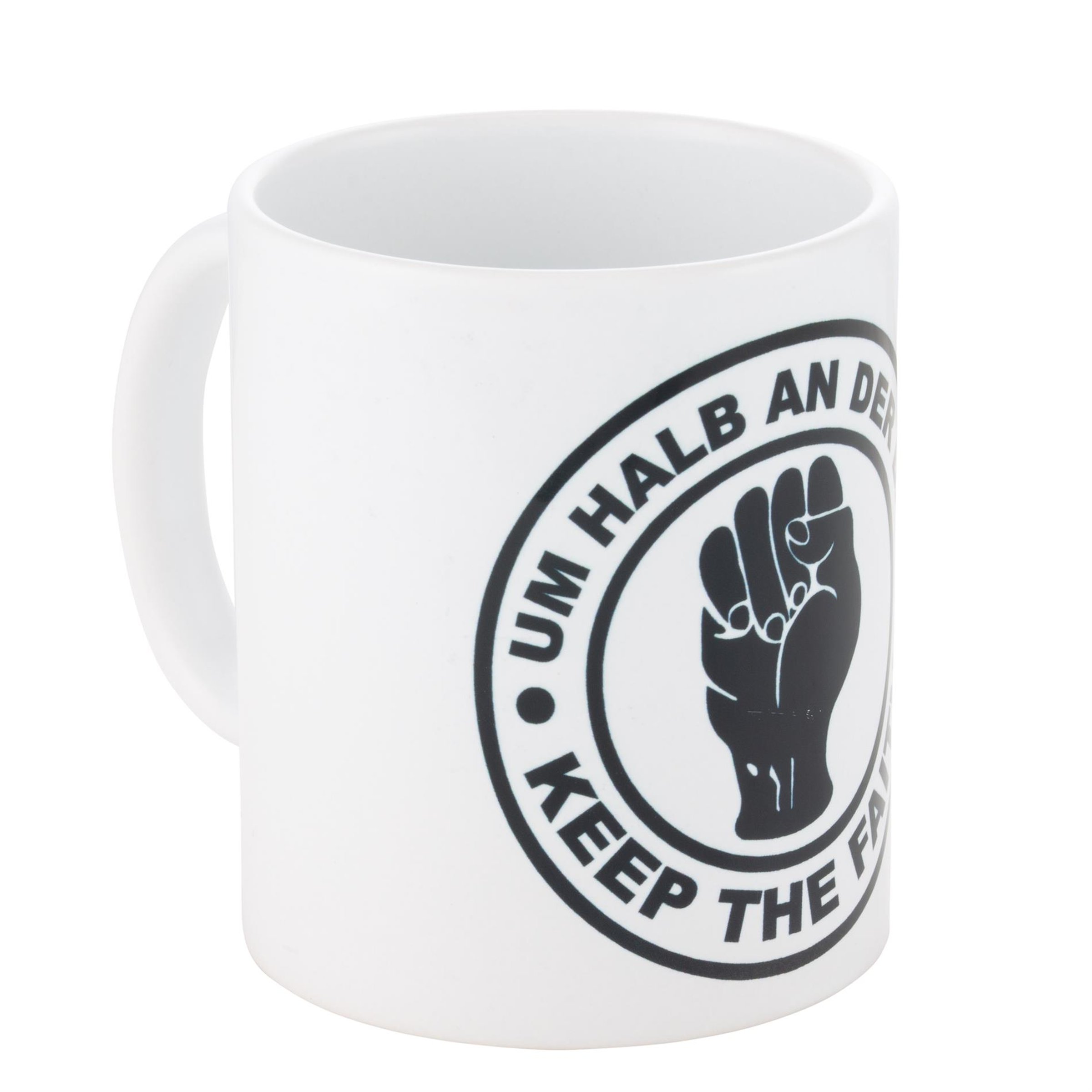 Tasse UM HALB AN DER BAR weiß/schwarz 
