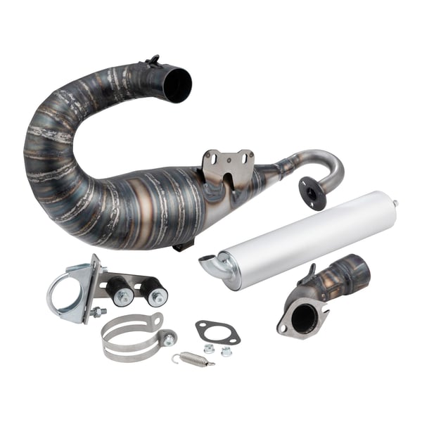 Rennauspuff VMC EVO, Stahl unlackiert, Dämpfer: Aluminium Farbe (ESD): silber für Vespa 90/R/SS/100/125/PV/ET3