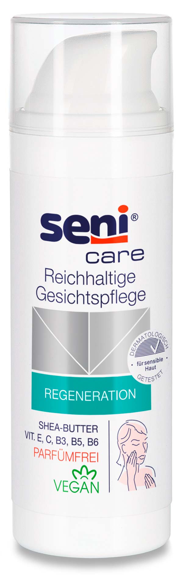 Seni Care Reichhaltige Gesichtspflege, vegan, parfümfrei, Shea-Butter, Vitaminkomplex, Pumpenspender 50ml