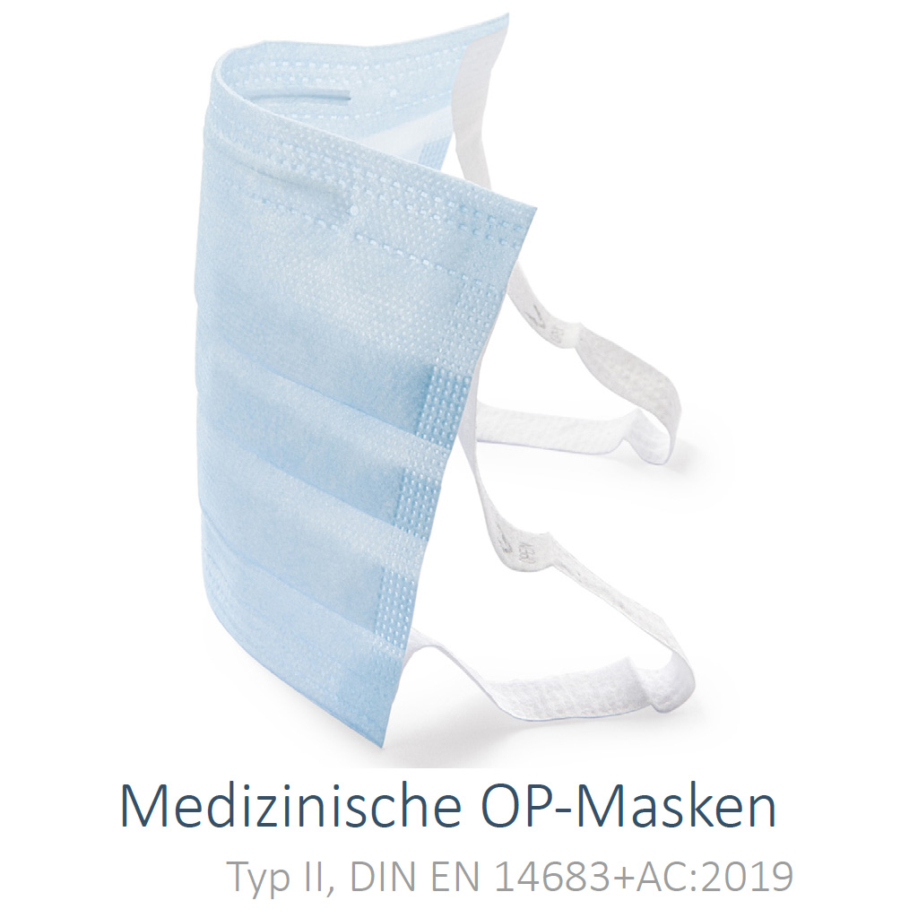 Medizinische OP-Masken, MNS Mundschutzmasken Typ II, DIN EN 14683+AC:2019, 3-lagig, Nasenbügel, Gummibänder, 50er Pack
