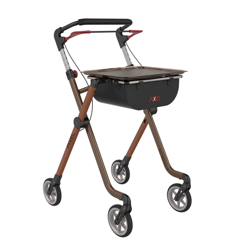 Rehasense Pixel Indoor Rollator, nur 5,2kg, schmale, spezielle funktionale Bauweise, PU-Softbereifung, toffee-braun, bis 110kg belastbar
