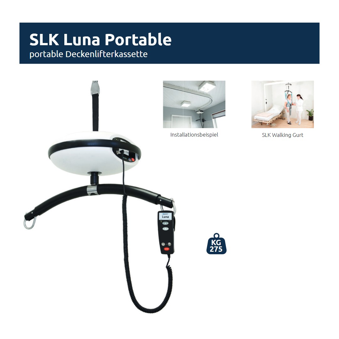 SLK Luna Portable, mobile Deckenliftanlage, elektrisch heben, manueller Fahrwagen, Einsatz in mehreren Räumen möglich, bis 200kg bzw. 275kg