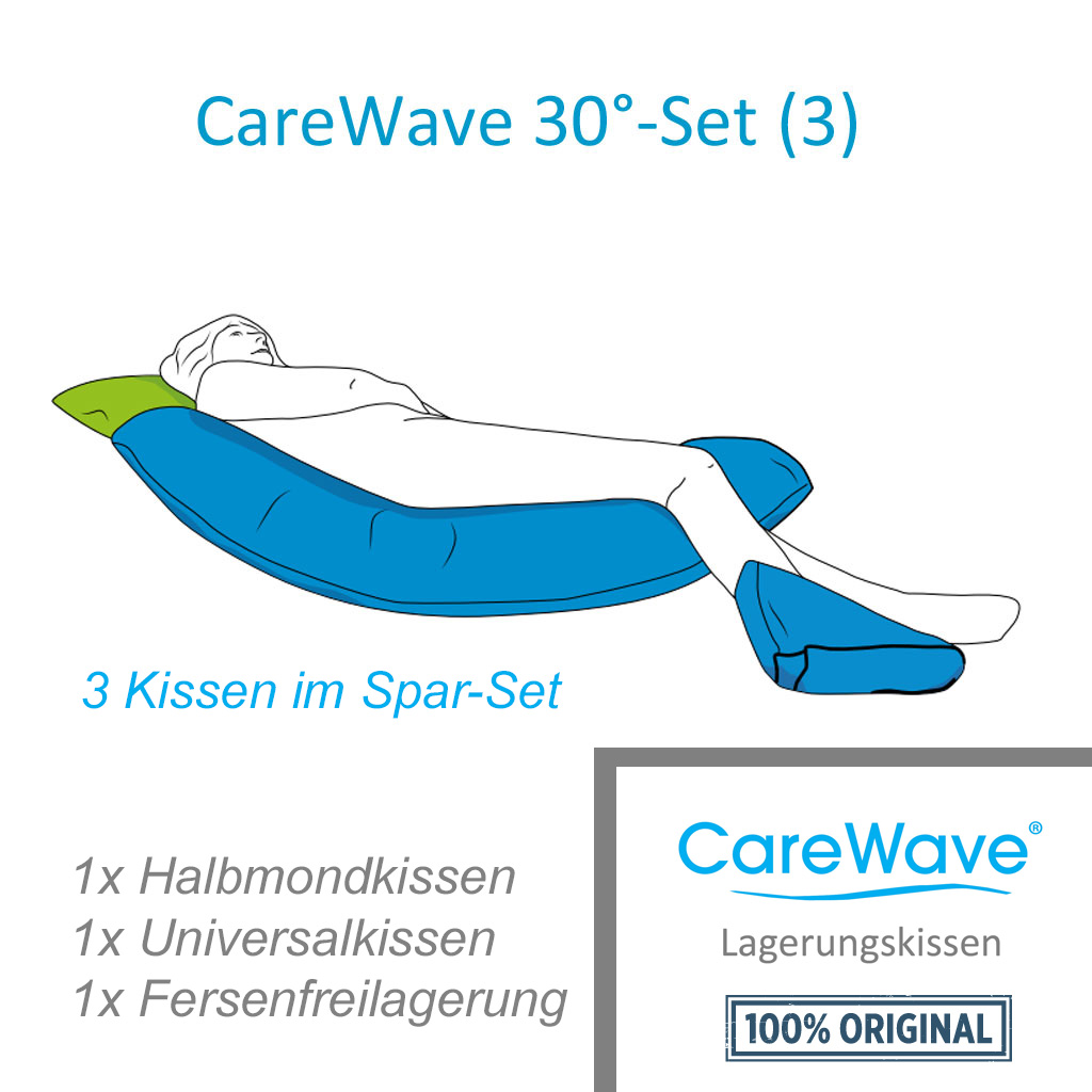 CarePur 30° Kissen Set 3, bestehend aus 3 Lagerungshilfen: Fersenfreilagerung XL, Halbmondkissen XL, Universalkissen XS, zur 30°-Lagerung