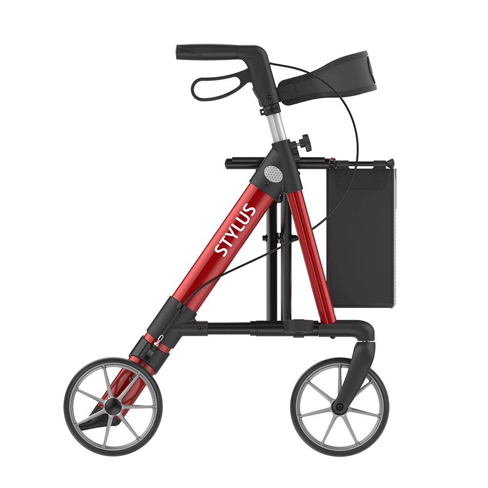 STYLUS BX Leichtgewichts-Rollator, HMV, Alu Leichtbau, Farbe Fresh Red, TPE-Räder, Rückengurt, Stockhalter, Einkaufstasche, nur 6.5kg, bis 150kg