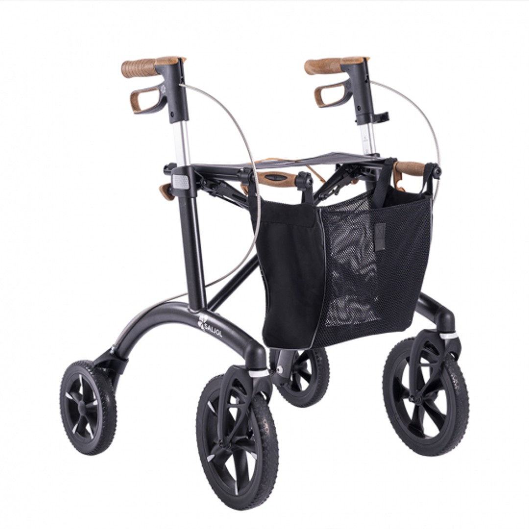 Saljol Alu Rollator niedrig, Magic Black, Kork Design, Aluminium Ultra Leichtgewicht Rollator, All-Terrain (Indoor + Outdoor), nur 6.4kg, bis 150kg, bis 160cm Körpergröße (#1235953)