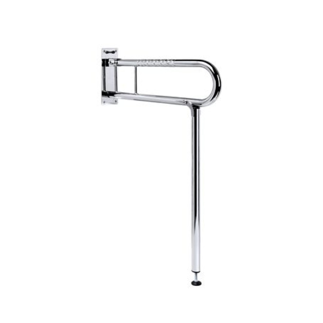 FRELU Stützklappgriff zur Wandmontage inkl. Bodenstütze, 60cm, HMV, Schwenkstützgriff  mit abklappbarer Bodenstütze, mit Fallsicherung, Edelstahl, max. 150kg belastbar
