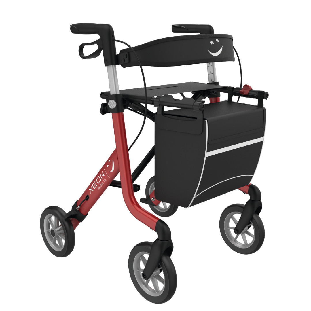XEON ALU Rollator rot, PUR Softbereifung, Rückengurt, nur 6kg, Click&Safe Faltung, Ankipphilfe, Stockhalter, bis 150kg