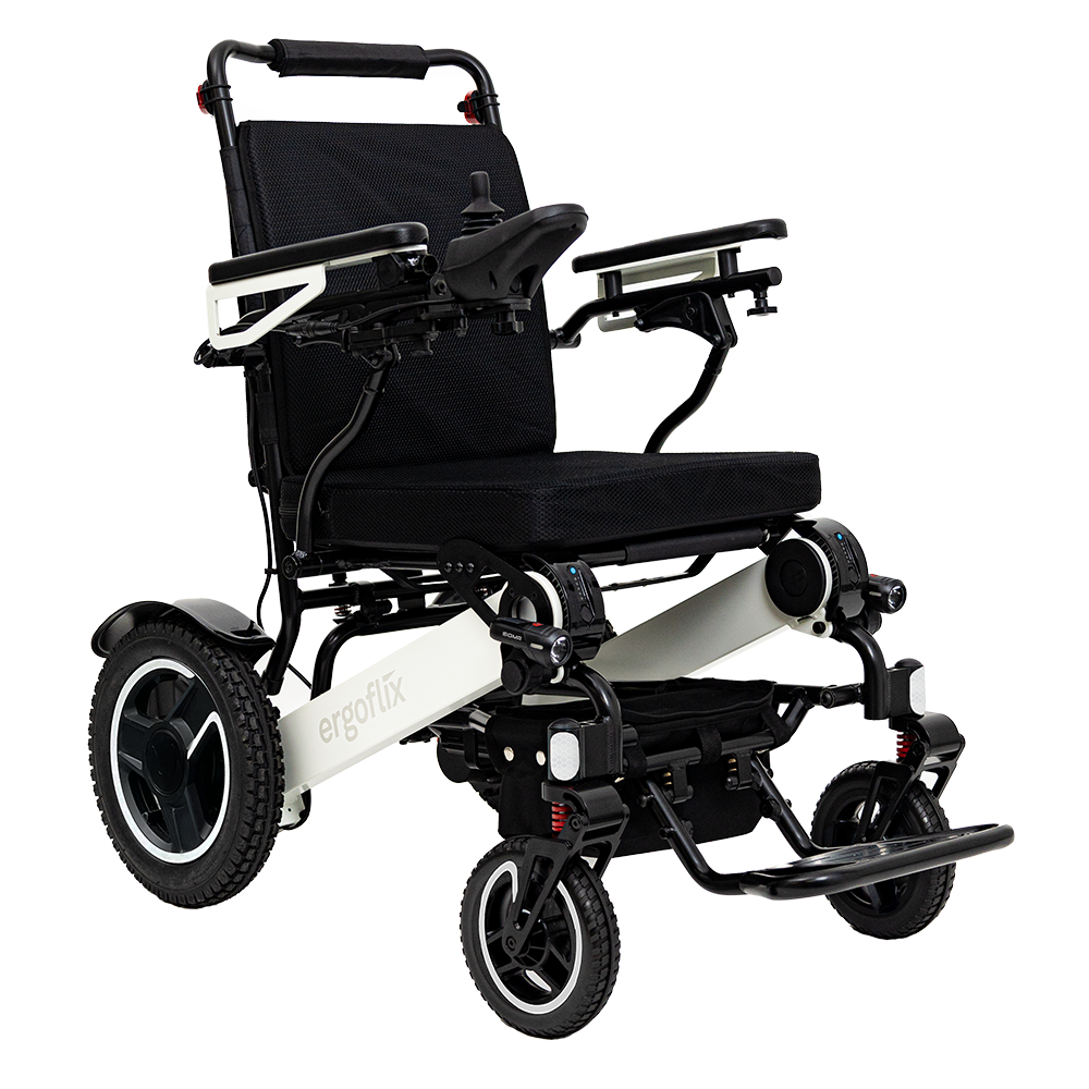 ergoflix LXplus Elektro-Rollstuhl faltbar, HMV, White Premium Luxe Version, Sitzbreite 56cm, Steigungen bis 21%, bis 145kg