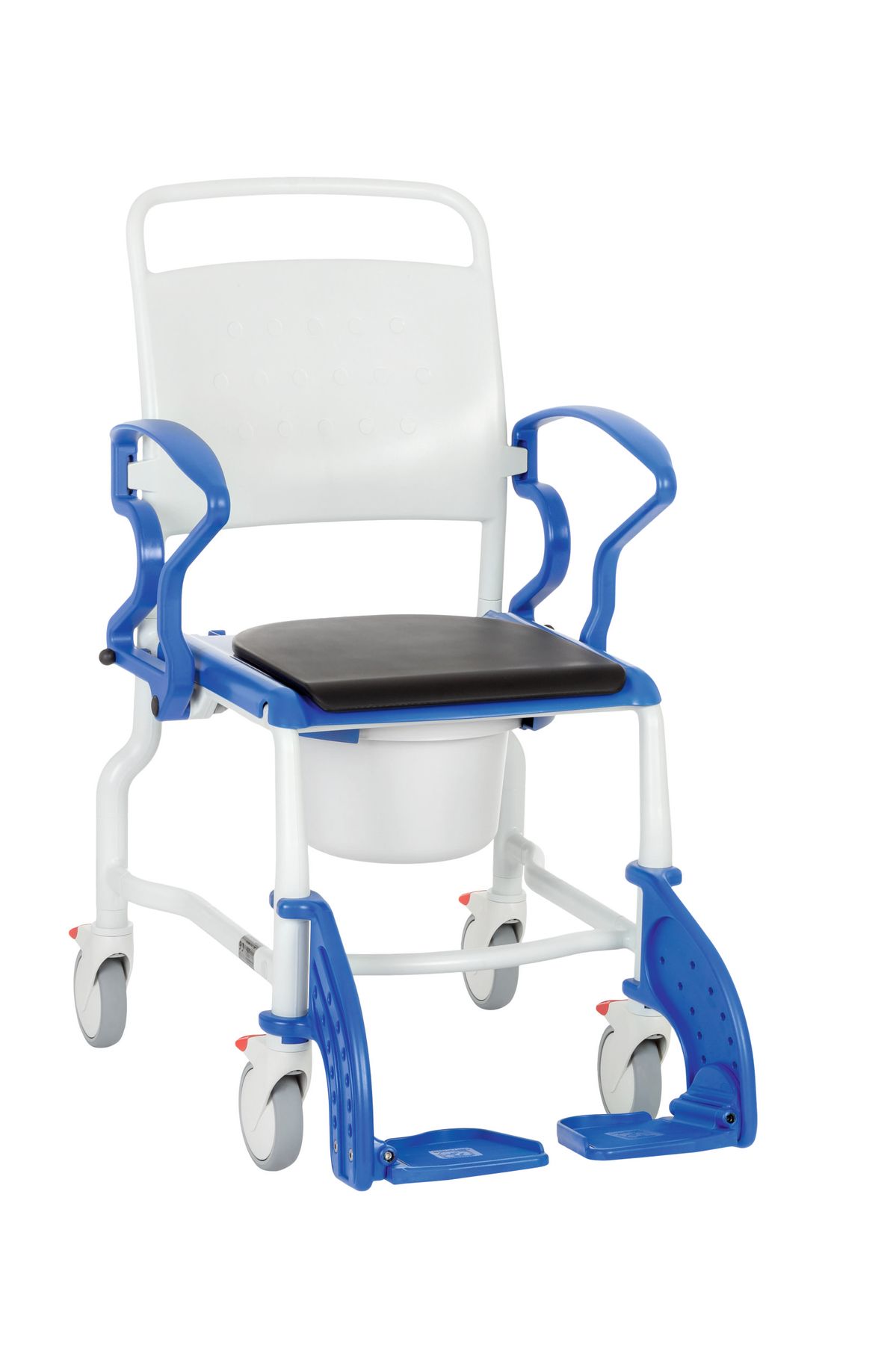 6 x Rebotec Bonn Toilettenstuhl, Jubiläumsmodell grau/blau, HMV, Kunststoff, Limited Edition, 4 Feststellbremsen, komplett mit Eimer, Armlehnen und Fußstützen, 5''-Räder, bis 130kg