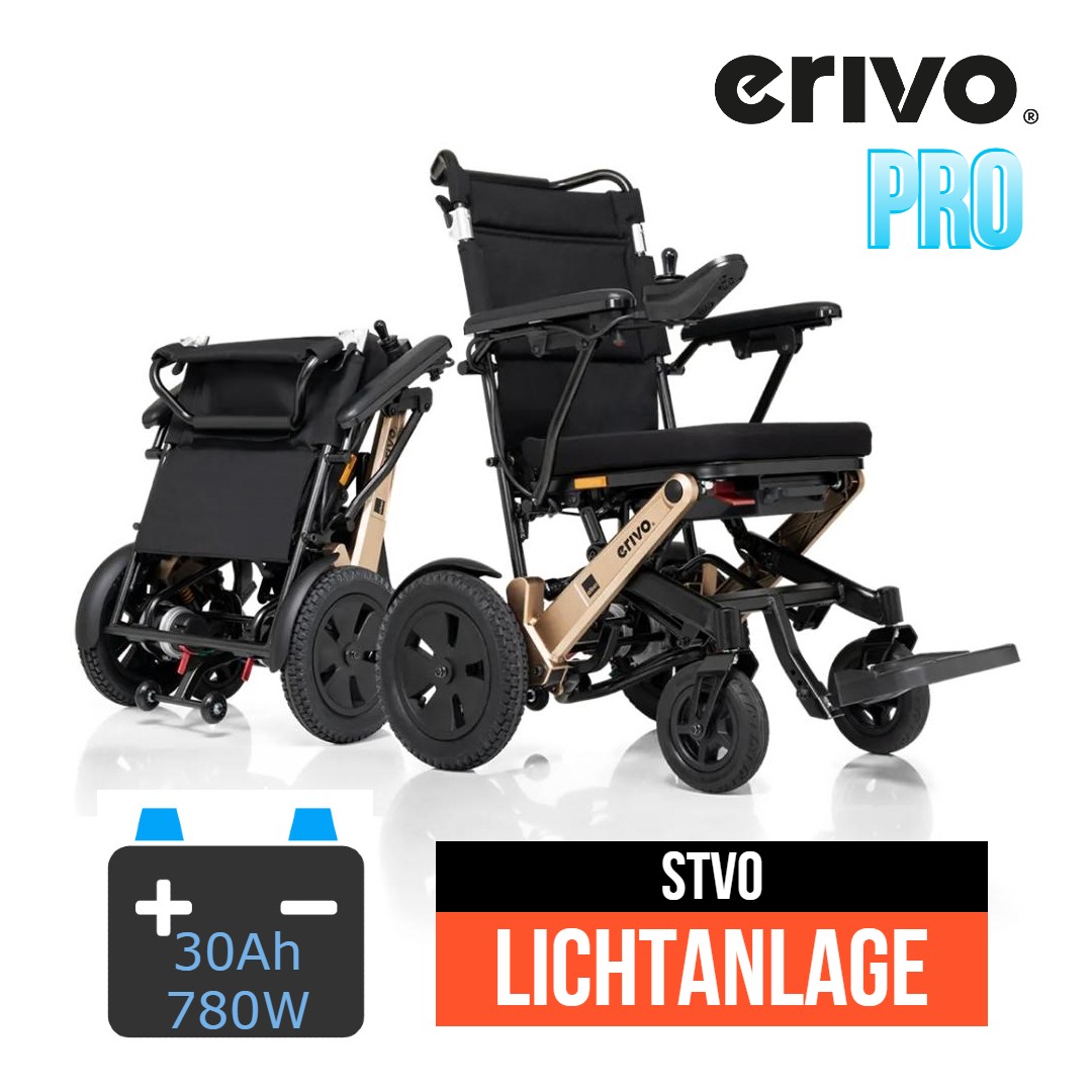 Erivo pro R11 -Hybrid- leichter und faltbarer Elektrorollstuhl + Schiebehilfe, HMV, mit 35 km Reichweite und Lichtanlage nach STVGO, Bedienung für Fahrer und Zusatz Begleitsteuerung